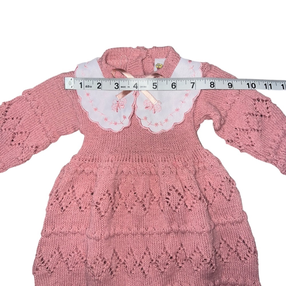 EUC Vintage Pink Knit Baby One-Piece Romper Peter Pan Collar Pink Bow 3-6 Month - Picture 6 of 6